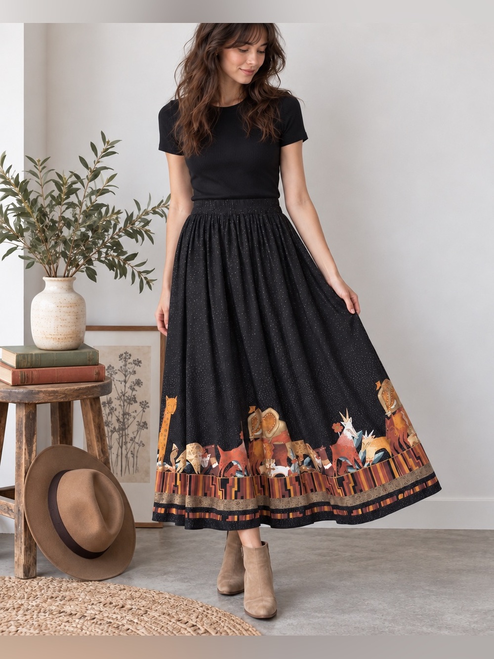 Vintage Animal Safari Border Print Maxi Skirt Whimsical Folk Art Black XS
